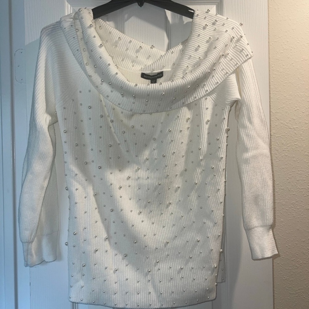 Boston Proper White Cowl Neck Sweater with Sparkly Embellishments